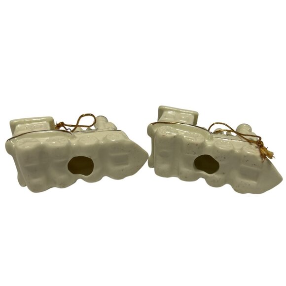 Vintage Ceramic Train Christmas Ornaments Set Of 2 With Gold Accents & Festive W - Picture 3 of 5